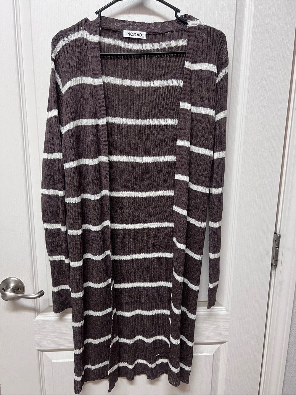Nomad Women's Long Open-Front Striped Cardigan Sweater - Brown/White